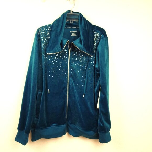 Calvin Klein Velour Zip Up Jacket Women's Plus Size 1X Green Embellished - Picture 1 of 9
